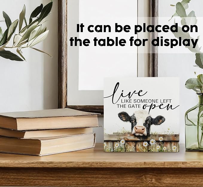 Cow Signs - Farm Cottagecore Animal Office Kitchen Bedroom Decor,Rustic Farmhouse Live like Someone Left the Gate Open Home Decor Wooden Signs,Cow Gifts for Women,6x6