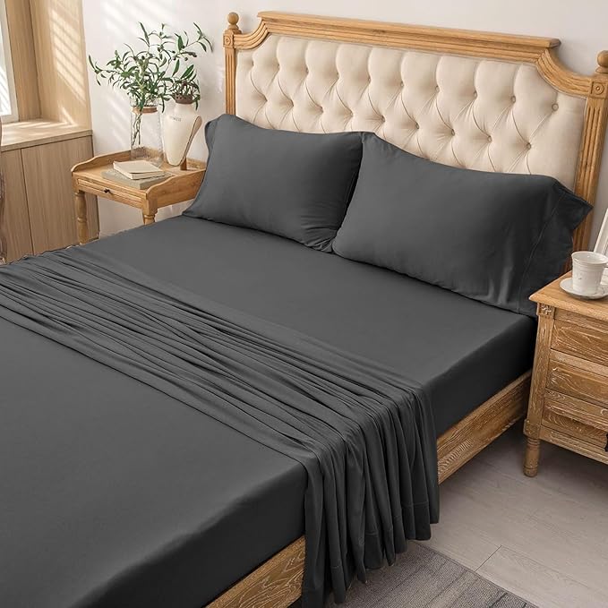 PURE ERA Jersey Knit 4pc Bed Sheet Set 100% T-Shirt Cotton Super Soft Comfy Breathable Fits Mattress Up to 20" Extra Deep Pocket (Solid Deep Grey, King)