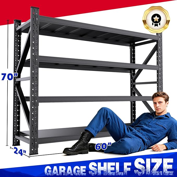 60''W Garage Shelving Adjustable Garage Shelves 5000LBS Storage Shelves,4-Tier Metal Shelving Unit Storage Shelf, Easy Assembly Utility Shelf for Warehouse, Basement, Black (70'H x 60''W x 24''D)