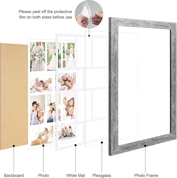 13x21 Picture Frame Display 10 opening 4X6 Picture Frame Collage,Multi Photo Frame with Mat,Plexiglass,Wall Mount Decor,Grey Wood Grain