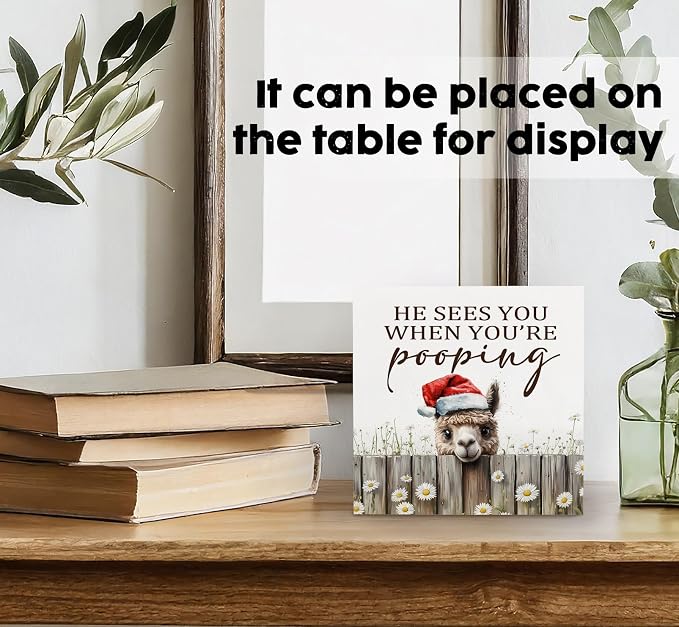 Christmas Alpaca Home Bathroom Decor Sign - Farmhouse Western Christmas Animal Bathroom Decor,Rustic Farm Animal He Sees You When You're Pooping Signs,Alpaca Gifts for Women