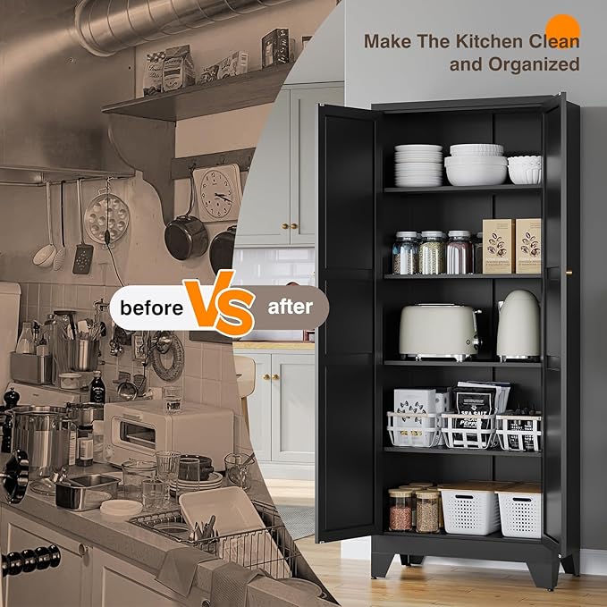 Yizosh Metal Pantry Cabinet, 75" Kitchen Pantry with 2 Door and 4 Adjustable Shelves,Black Metal Pantry Storage Cabinet,Cupboard for Kitchen,Dining Room,Living Room and Bathroom