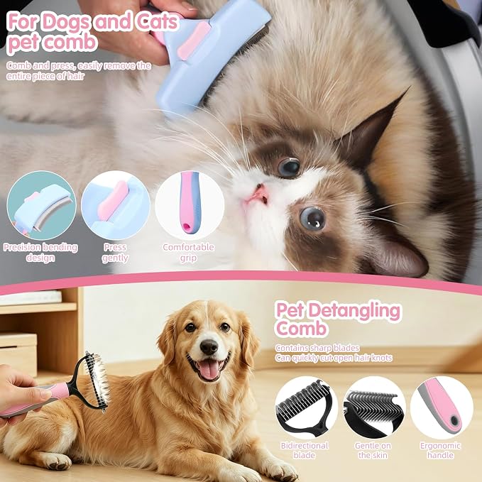 Aglads 8PCS Cat Rabbit Bunny Dog Grooming Kit, Self-Cleaning Slicker Brush & Deshedding Comb, Dematting Tool, Nail Clipper File, Flea Comb, Portable Storage Bag for Long/Short Haired Pets(8, pink)
