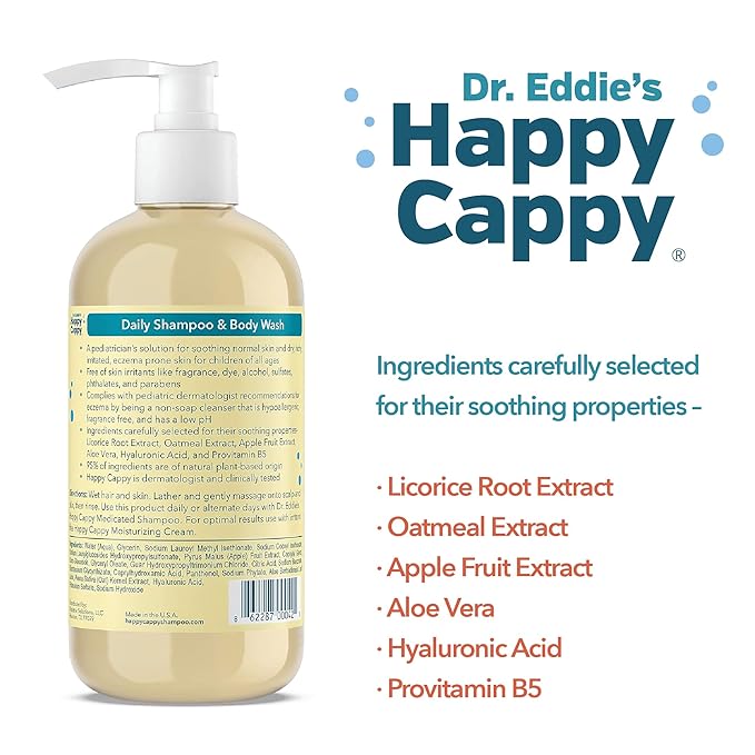 Happy Cappy Baby Shampoo and Body Wash - Eczema Body Wash for Kids & Toddlers, Helps with Dryness, Reduces Itching and Redness, Dermatologist Tested, Fragrance Free - 8 Fl Oz (Pack of 4)