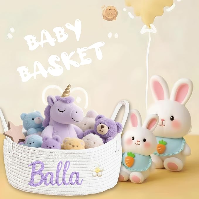 Personalized Baby Basket with Name Custom Cotton Rope Easter Basket Newborn Shower Gift Diaper Caddy Nursery Storage Bin (S)