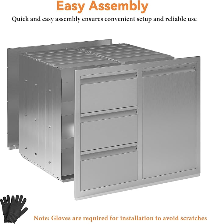 Jocisland 28" W×20" D×23" H Stainless Steel Outdoor Kitchen Drawers, Single Trash Drawer with Door & 3-Drawer Cabinet, Built-in BBQ Island Storage for Outdoor Kitchens