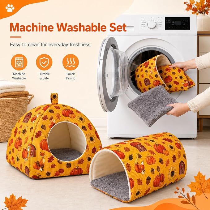 Guinea Pig Hideout Tunnel Set, 2 Pack Washable Small Animal Bed with Removable Cushion, Hamster Hideout Play Tunnel Toys for Guinea Pigs, Hamsters, Hedgehogs, Ferrets, Orange Pumpkin