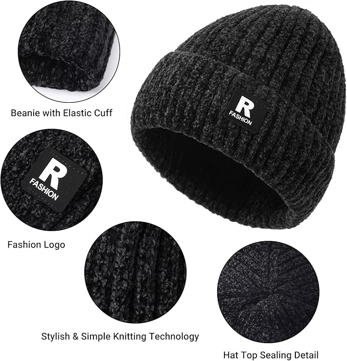 Winter Beanie Hat Circle Scarf Gloves Set for Men Women, Thick Warm Chenille Skull Cap Touchscreen Gloves Neck Warmer