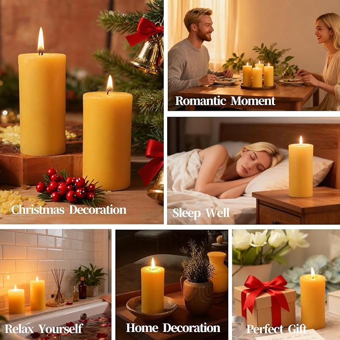 Beeswax Pillar Candles Set of 2,70 Hours Long Burning,100% Natural Beeswax Candles for Emergency,Pure Bees Wax for Home, Beeswax Candles Bulk for Relax, Smokeless & Dripless