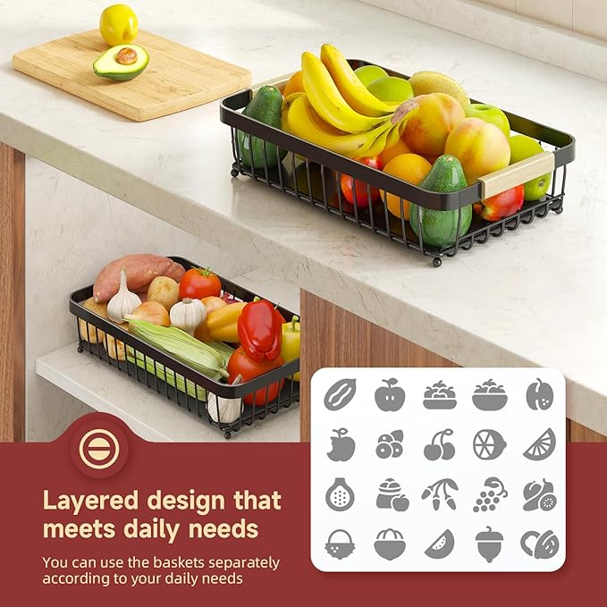 2 Tier Large Fruit Basket for Kitchen Counter with 2 Mobile Banana Hangers, 2026 Pro Detachable Metal Fruit Bowl with Wooden Handle (Silver, 3 Tier)