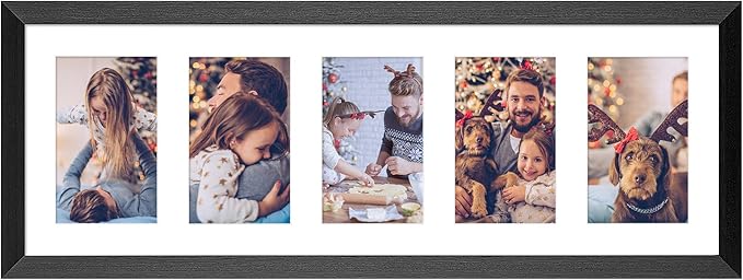 8x24 Collage frame with 5 Openings 4X6 Pictures, Multiple Picture Frame with Mat, Wall or Tabletop Decor, Black Wood Grain (1 Pack)