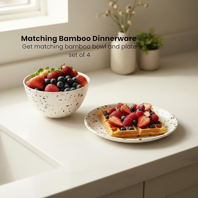 Bamboo Bowl Set of 4 – 6 Inch 20 oz Durable Deep Cereal and Snack Dishware for Kids and Toddlers – BPA Free, Dishwasher Safe, Lightweight Alternative to Plastic or Ceramic (Confetti Design)