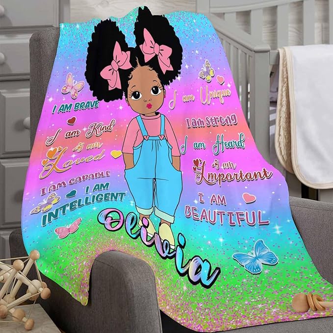 D-Story Custom Blanket with Name Text, Customized Flannel Throws Blankets Personalized Blanket Black Girl Blanket for Adults Kids Birthday Day Gift
