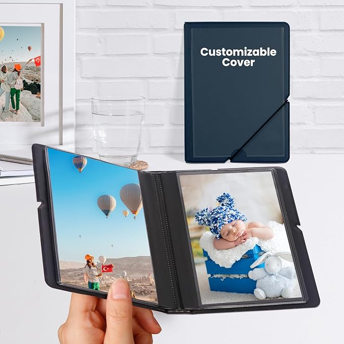 Lifting Small Photo Album 4x6 28 Pockets Plastic 4 x 6 Photo Book Album with Customizable Cover Mini Picture Album for Family Wedding Anniversary Baby Vacation (Marine Blue)