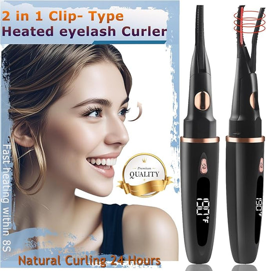 Heated Eyelash Curlers - 2 in 1 Clip- Type Heated lash Curler Best Seller Electric Eyelash Curler LED Display 3 Temp Settings for Makeup Tools USB Rechargeable Natural Curling 24H Long Lasting 3A
