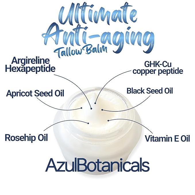 Ultimate Anti-Aging Tallow Balm Made with Organic Ingredients and Infused with Copper Peptide (GHK-Cu) and Argireline Hexapeptide, Black Seed Oil, Apricot Seed Oil (1.7 oz)