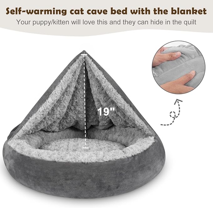 JOEJOY Small Dog Bed Cat Bed with Hooded Blanket, Cozy Cuddler Luxury Puppy Pet Bed, Donut Round Calming Anti-Anxiety Dog Burrow Cave Bed - Anti-Slip Bottom and Machine Washable 23 inch