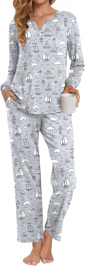 Anyally Women's Plus Size Pajama Sets Ladies Fall Pjs 2 Pieces Lounge Outfits V Neck Long Sleeves Sleepwear with Pockets