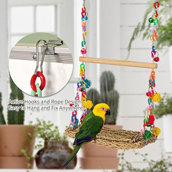 Natural Bird Swing Toys with Wood Perch, Double Layer Bird Seagrass Woven | Climbing Hammock with Chewable Perch Stand Chewing Toy for Parakeets, Budgies, Conures, Cockatiels, Lovebirds