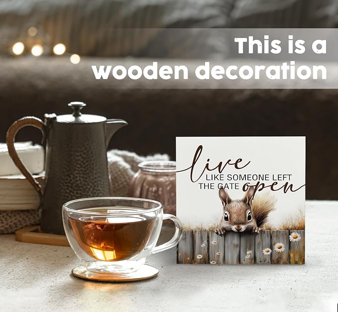 Squirrel Sign - Squirrel Gifts For Women, Live Like Someone Left The Gate Open Wooden Box Signs, Farmhouse Wood Decoration Home Decor For Desk Table Shelf 5x5 Inch