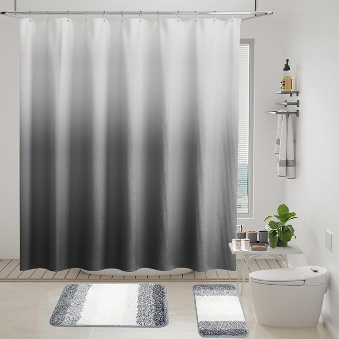 Grey Bathroom Accessories Set with Wicker Trash Can Shower Curtain and Rugs,Bathroom Sets Small Waste Basket Bathroom Trash Can for Bedroom Bathroom