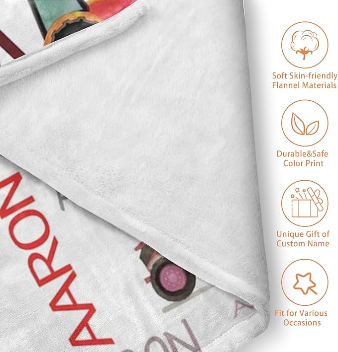 Personalized Tractors Blanket - Custom Name with Farm Tractor Trucks Design - Soft Plush Flannel Bed Blanket for Baby Kid Teen Boys Girls Customized Gifts White & Red