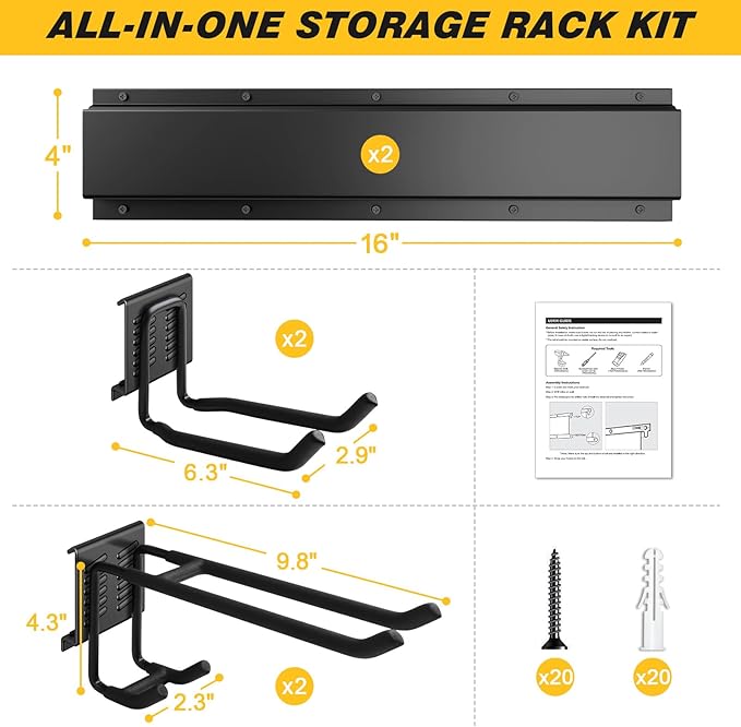 32 Inches Garage Storage, Garage Organization, Wall Mount Garden Tool Organizer, Max 300lbs Adjustable Metal Hooks, Yard Shed Hanging Rack, Heavy Duty Shelving for Rake Broom Mop Snowboard