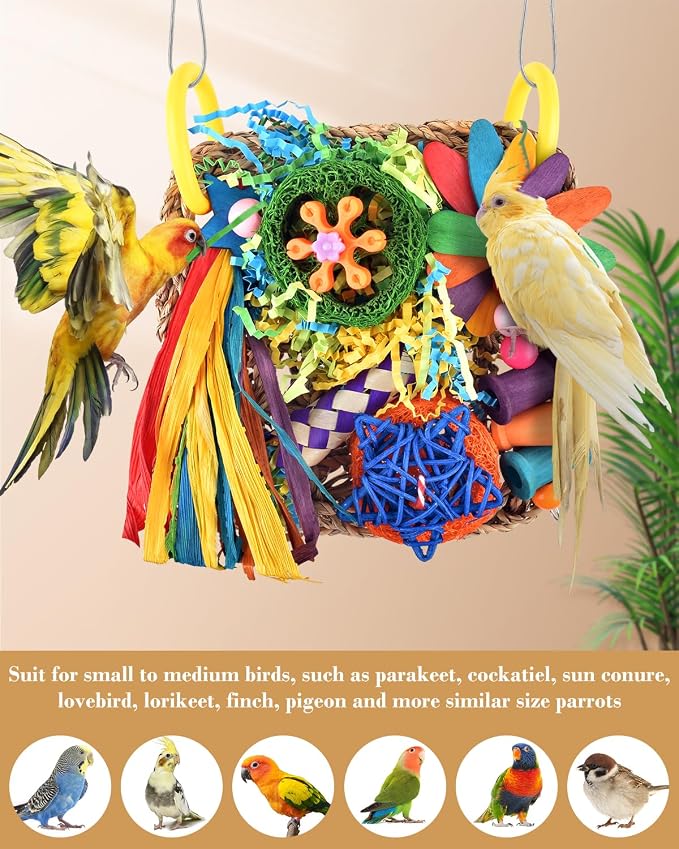 ERKOON Bird Cockatiel Toys Foraging Toys Hanging Parrot Toys for Lovebrid Parakeets Conures Bird Foraging Wall with Colorful Toys for Birds Shredding Seagrass, Birds Cage Toy Accessories