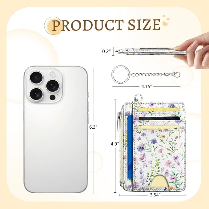 Kelvoris Credit Card Holder Small Wallet Women, Slim RFID, Flowers | Keychain, Zipper Coin Pocket, Front Pocket Thin Travel Card Case, Minimalist, 6 Card Slots, 1 ID Window, Ladies Gifts Woman