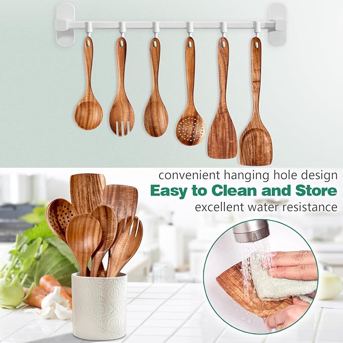 Wooden Spoons for Cooking, 6-Piece Natural Teak Wood Cooking Utensils Set – Wooden Kitchen Utensils Set with Smooth Finish Comfort Grip, Nonstick Safe Non-Toxic Wooden Cooking Tools by HOWHONG