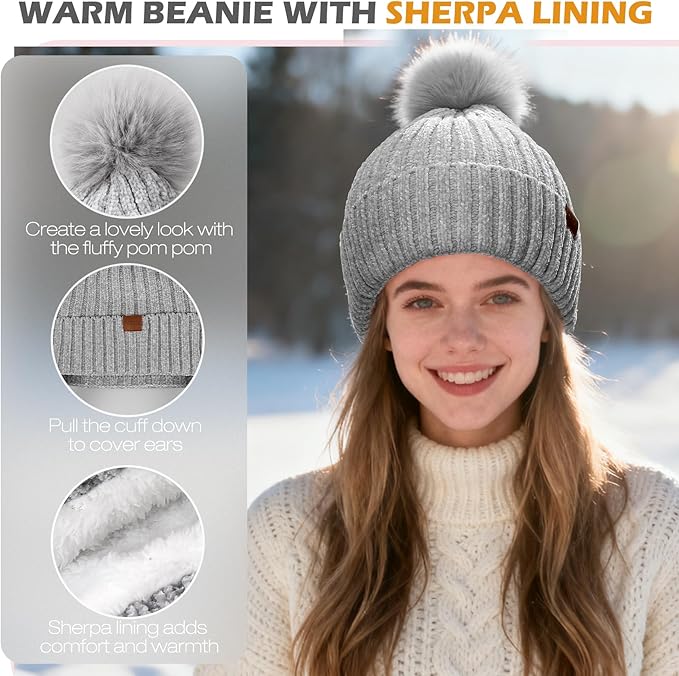 Winter Hats Gloves Scarf Set for Women, Beanie Hat Headband Ear Warmer, Infinity Scarf Touchscreen Gloves for Cold Weather