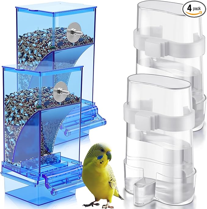 Yaomiao 4 Pcs No Mess Small Bird Feeders Automatic Parakeet Water Dispenser Clear Quail Feeder and Watered Cage Accessories for Small and Medium Parakeet Cockatiel Canary(Assorted,Blue)