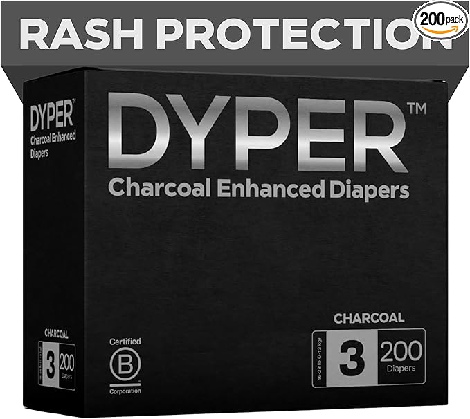 DYPER - Charcoal Enhanced Day & Overnight Disposable Baby Diapers - Made with Plant-Based* & Skin-Friendly Ingredients, Hypoallergenic for Sensitive Skin - Size 3, (200 Count)