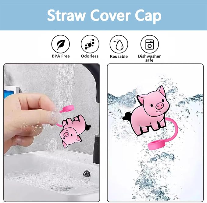 Animal Straw Toppers For Stanley Cups;Straw Covers Cap Toppers Compatible With Stanley 30&40 Oz Tumbler, Reusable & Silicone Tumbler Straws Topper For 0.4 Inch Tips Animal Lover Gifts (Pig)