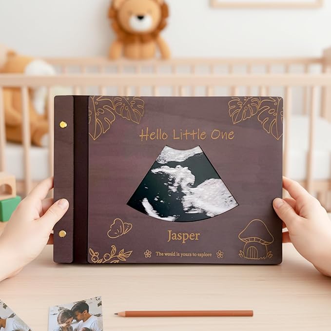 Personalized Baby Photo Album - Wooden Baby Memory Book - Custom Name Baby Scrapbook,Baby Album and Memory Book - Unique Newborn Baby Gift for New Parents