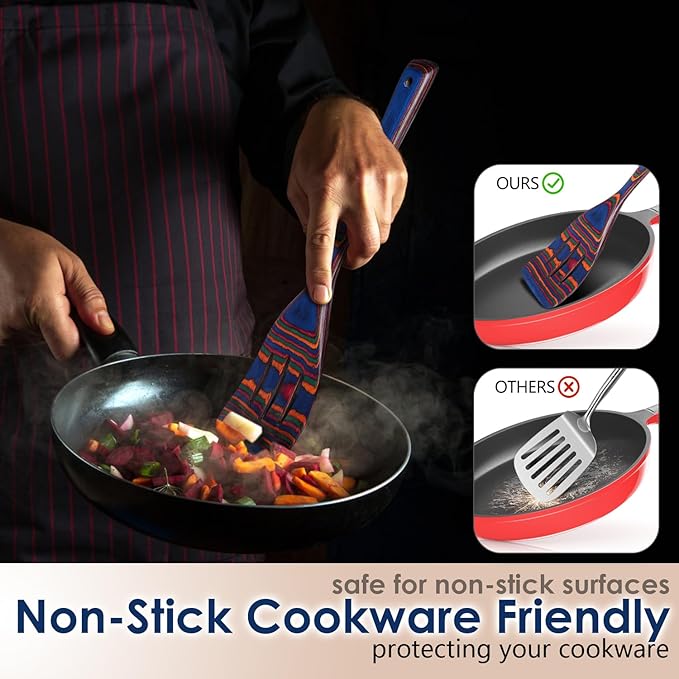 Pakkawood 7-Piece Wooden Cooking Utensil Set-Wood Kitchen Utensil Set, Wooden Spoons for Cooking, Nonstick Safe Non-Toxic Wooden Cooking Tools by HOWHONG (Spectrum Color)