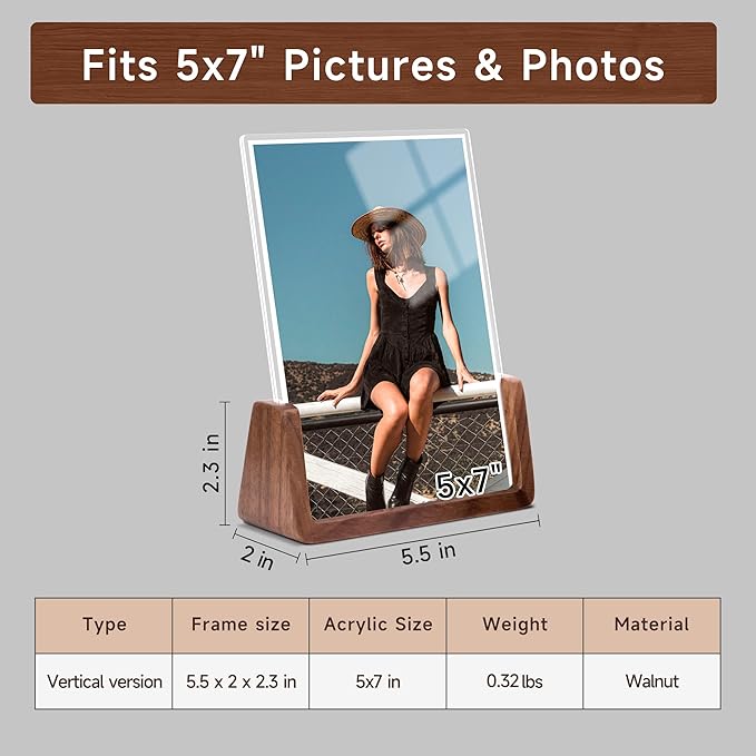 5x7 picture frames, Solid Rustic Wooden Photo Frames with Walnut Wood Base and High Definition Acrylic Glass Covers - for Tabletop or Desktop Display (5x7 inch, Vertical)