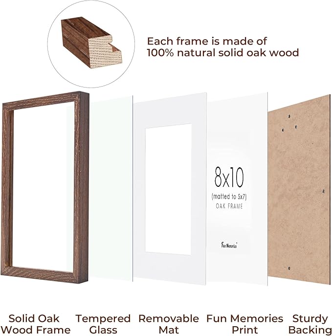 Fun Memories 8x10 Wood Picture Frame, Solid Oak Wood Frame 10x8 for Wall & Tabletop Display, 5x7 Picture Frame with Mat 8x10, 8 x 10 Photo Frame Wood with Tempered Glass, Walnut Color, 1 Pack