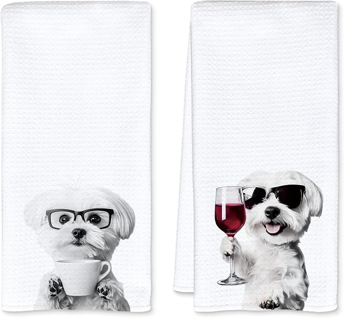 Funny Maltese Kitchen Towels Set of 2, Funny Kitchen Decor, Coffee Station Wine Dog Decor, Maltese Owner Gift Hand Towel, Dining Room Decorative Tea Towel Dish Towels 16x24 Inch