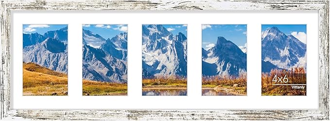 Vittanly 8x24 Collage Picture Frame, Displays 5Pcs 4x6 Pictures with Mat or 1Pcs 8x24 without Mat, Picture Frames Collage Wall Decor for Horizontal or Vertical Display, Distressed White, 1 Pack