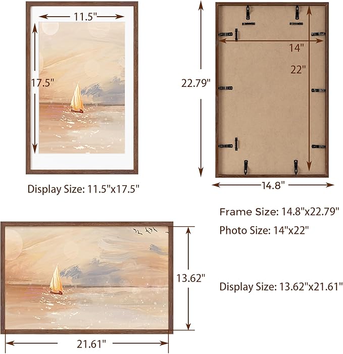 Fun Memories 14x22 Oak Wood Picture Frame, 14"x22" Picture Frame Matted to 12"x18", Photo Frame 14 x 22 with Real Glass, 14x22 Wood Frame for Vertical or Horizontal Hanging (Walnut Color, 1 Pack)