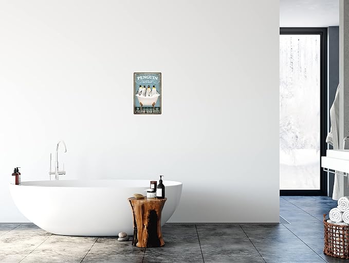 Funny Penguin Decor Vintage Bathroom and Bathtub Metal Tin Sign Decor Penguin Pet lovers Gift Farm Home Bar Bathroom Man Cave Retro Wall Art Poster Sign Accessories 8x12 In