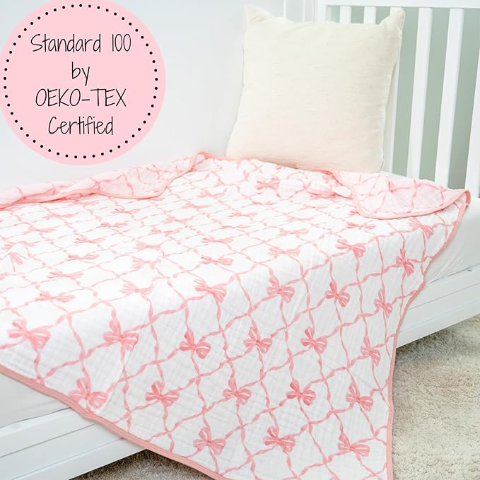 LollyBanks Muslin Baby Blanket 100% Organic Cotton, Muslin Quilt Lightweight, Muslin Blanket for Girls, 6 Layers Baby Blankets 47"x 47", Soft Nursery Receiving Blankets (Pink Bow Print)