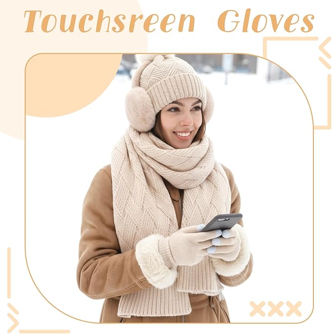 Geyoga 6 Pcs Winter Warm Set for Women Warm Beanies Hats Touchscreen Gloves Long Scarf Ear Muffs Socks Winter Gifts for Women