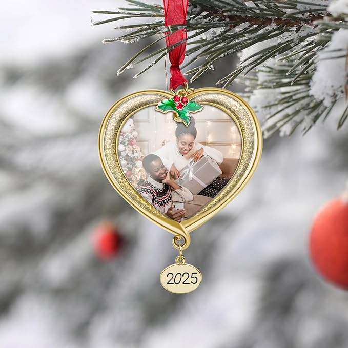 Christmas Tree Ornament Picture Frame Metal Hanging Pendant Holiday 2.5" Photo Frame Charm Decorative of Pets, Baby First Christmas, Family (2025 Golden)