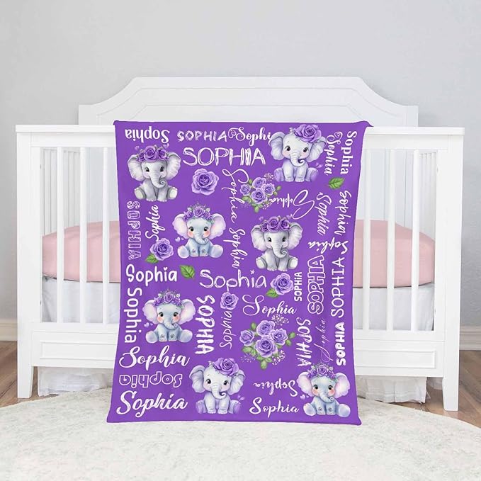 D-Story Ship Next Day, Personalized Baby Blanket, Custom Baby Blanket with Name for Girls and Boys, Elephant Blankets, Personalized Baby Gifts