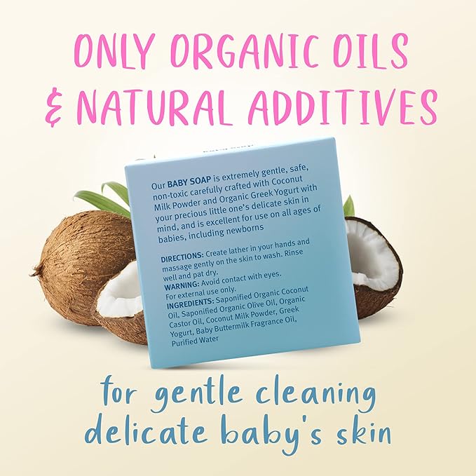 Organic Baby Soap Bar with Greek Yogurt and Coconut Milk - Naturally Cold Processed from Organic Ingredients - Extra Moisturizing Baby's Delicate Skin - Handmade in USA
