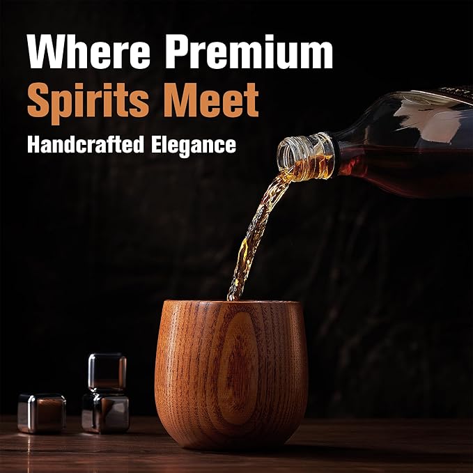 Charred Wooden Bourbon Drinking Glass, 2 Handcrafted Whiskey Tumblers | Bourbon Gifts for Men | Charred Old Fashioned Glass | Unique Whiskey Gifts for Men, Dad, or Brother - Includes 6 Metal Ice Cubes