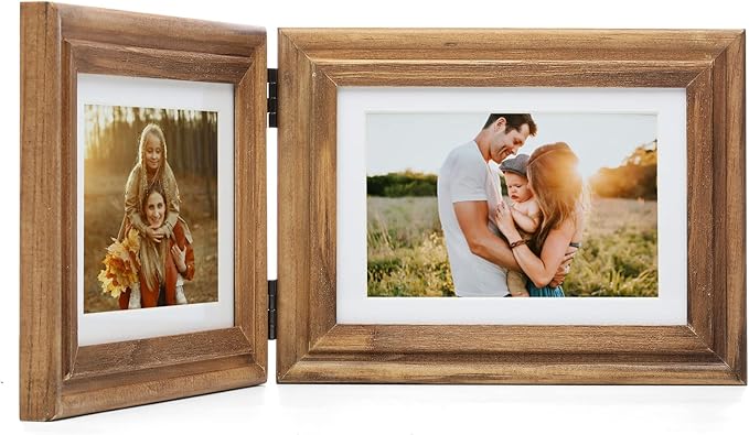 Horizontal 5X7 Picture Frames Double Hinged Wood Folding Photo Frames with Real Glass Front Fit for Desktop or Tabletop Display Pictures 4x6 with Mat or 5x7 Without Mat, Wood Grain XZON-H75X2