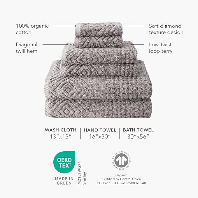 Texere 100% Organic Cotton Diamond Jacquard 700 GSM Luxury Bath Towel Sets - Ultra Soft and Absorbent Hotel and Spa Quality (Diamond, Charcoal, 2 Hand & 2 Face Towels)
